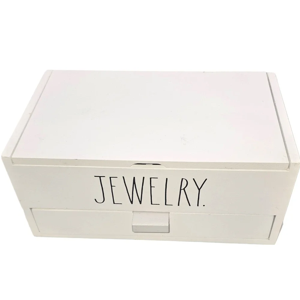 Rae Dunn White Wooden Jewelry Box Organizer with Mirror & Drawer Farmhouse Style